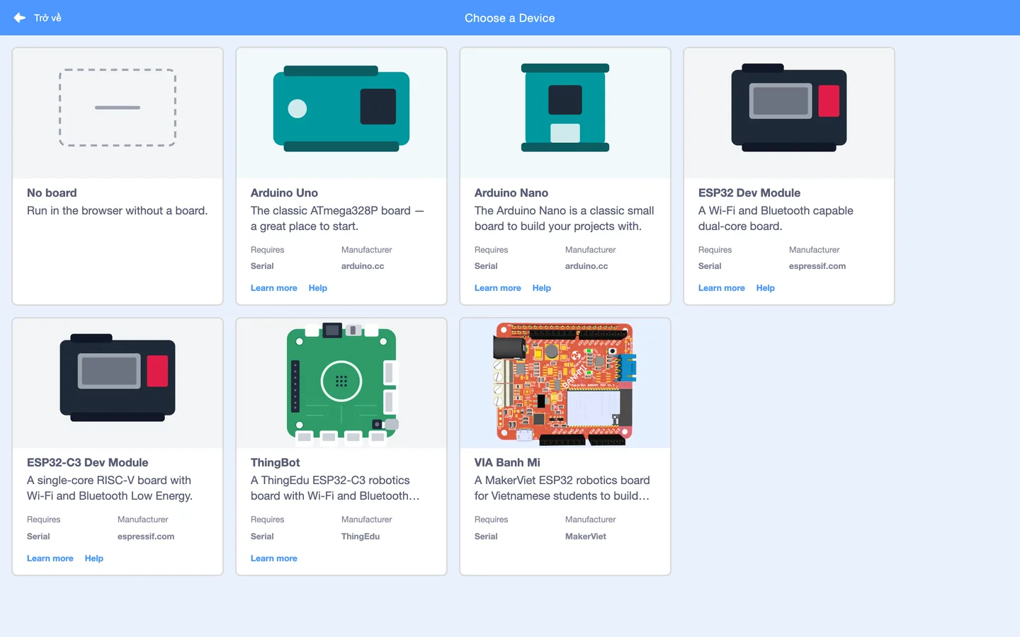 Hộp chọn bo: No board, Arduino Uno, Arduino Nano, ESP32, ESP32-C3, ThingBot, VIA Banh Mi