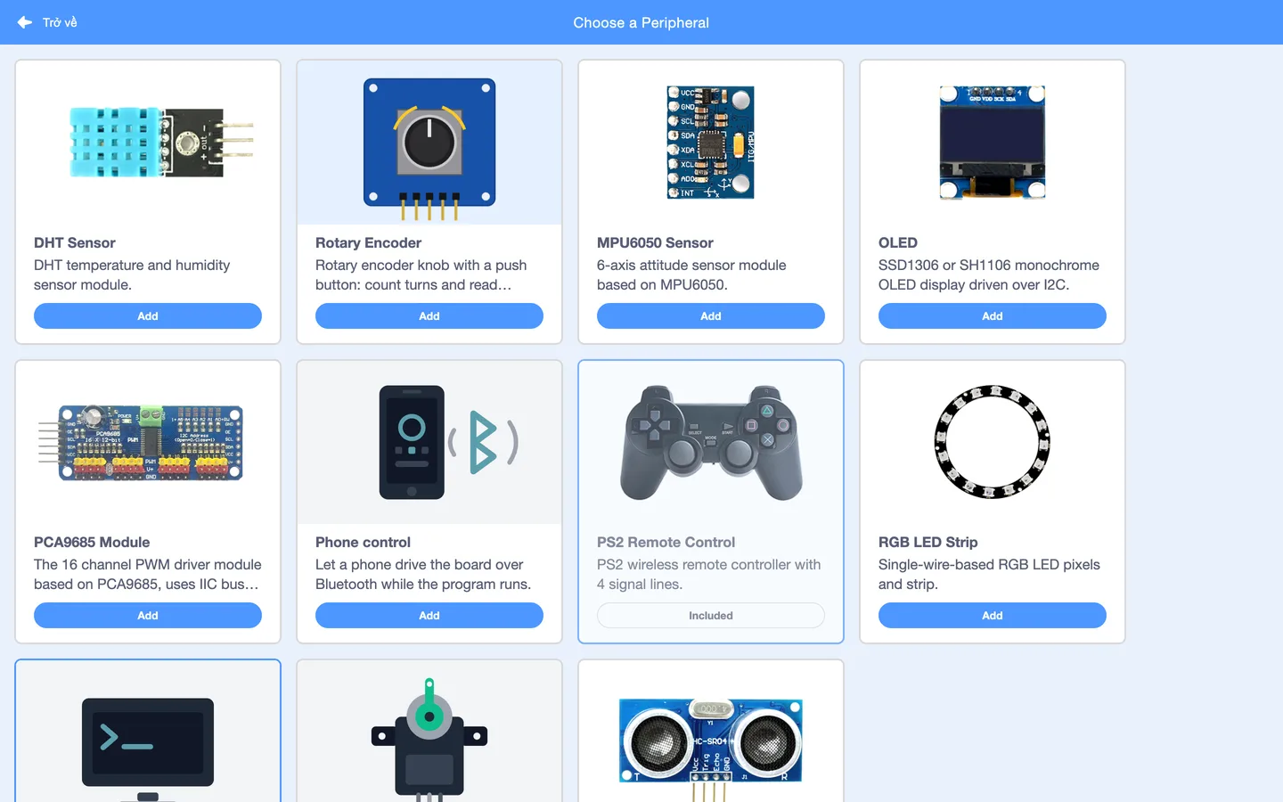 Thư viện ngoại vi: DHT, Rotary Encoder, MPU6050, OLED, PCA9685, Phone control, PS2, RGB LED Strip, Serial, Servo, Ultrasonic